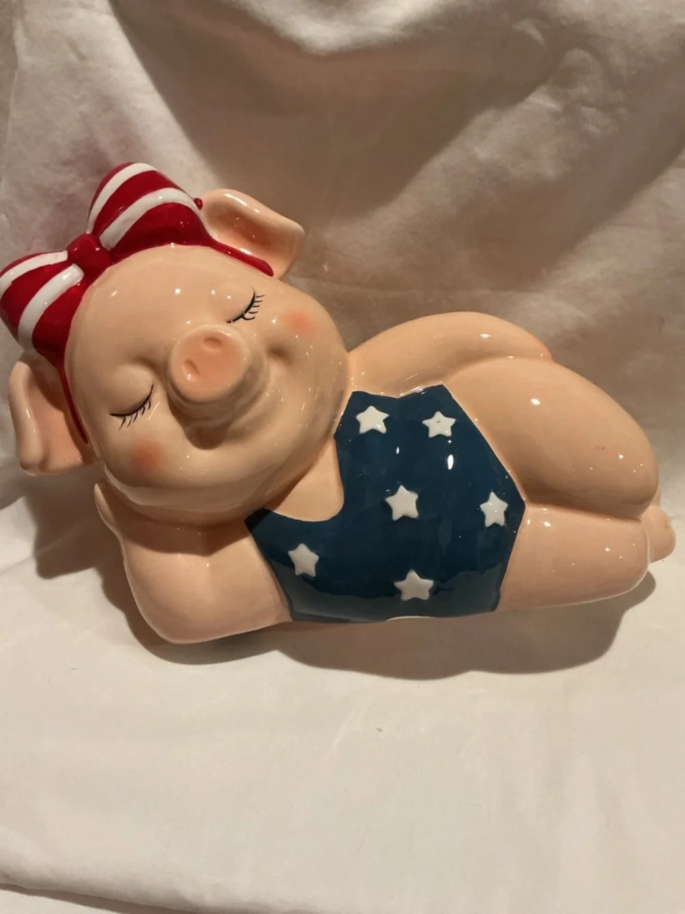 Patriotic Pig Wearing Swimsuit and Red Bow